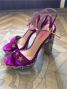 Betsey Johnson Fuchsia Velvet Star Platform Sandals with Multicolor Crystal Heel
